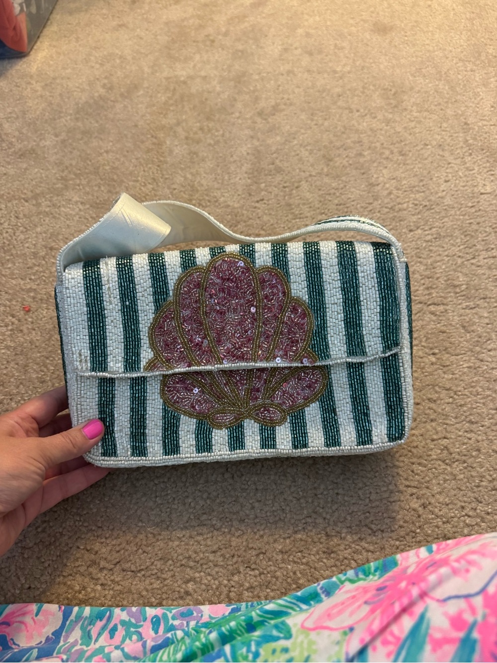 Beaded Green & White Striped Shell Crossbody Bag